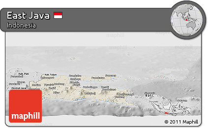 Shaded Relief Panoramic Map of East Java, desaturated