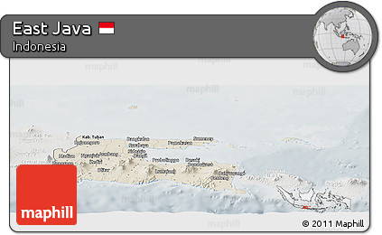 Shaded Relief Panoramic Map of East Java, lighten, semi-desaturated