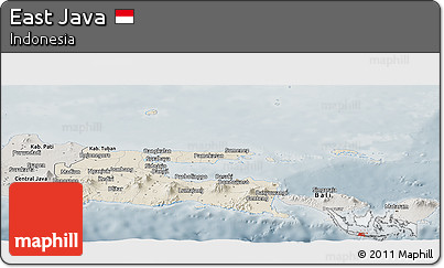 Shaded Relief Panoramic Map of East Java, semi-desaturated