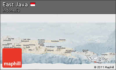 Shaded Relief Panoramic Map of East Java, semi-desaturated
