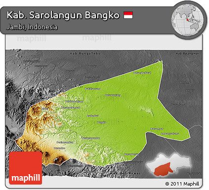Physical 3D Map of Kab. Sarolangun Bangko, darken, desaturated