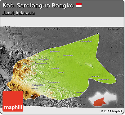 Physical 3D Map of Kab. Sarolangun Bangko, darken, desaturated