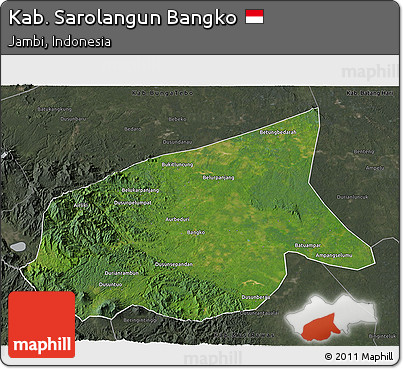 Satellite 3D Map of Kab. Sarolangun Bangko, darken, semi-desaturated