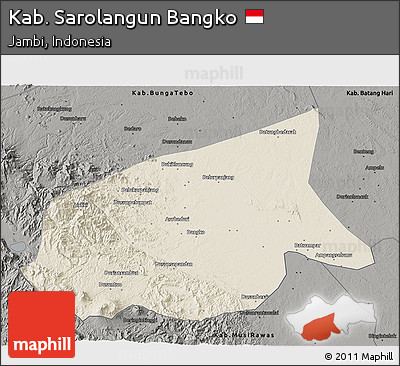 Shaded Relief 3D Map of Kab. Sarolangun Bangko, darken, semi-desaturated