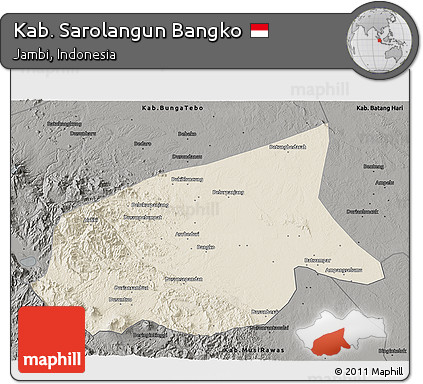 Shaded Relief 3D Map of Kab. Sarolangun Bangko, darken, semi-desaturated