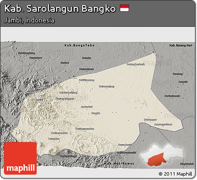 Shaded Relief 3D Map of Kab. Sarolangun Bangko, darken, semi-desaturated