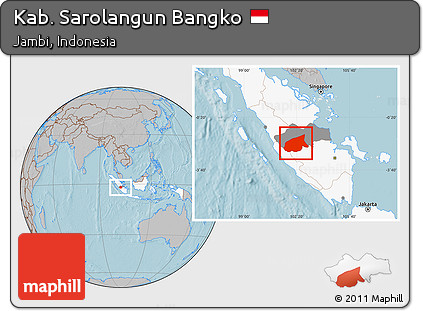 Gray Location Map of Kab. Sarolangun Bangko, highlighted country, highlighted parent region, hill shading
