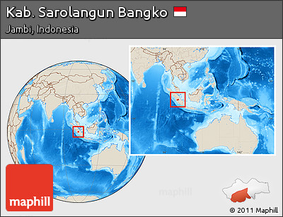Shaded Relief Location Map of Kab. Sarolangun Bangko, within the entire country