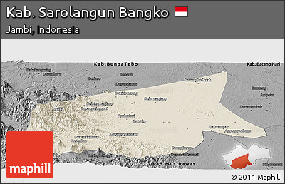 Shaded Relief Panoramic Map of Kab. Sarolangun Bangko, darken, desaturated