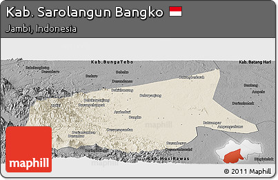 Shaded Relief Panoramic Map of Kab. Sarolangun Bangko, darken, desaturated