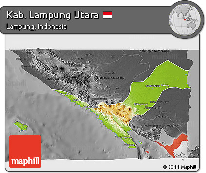 Physical 3D Map of Kab. Lampung Utara, darken, desaturated