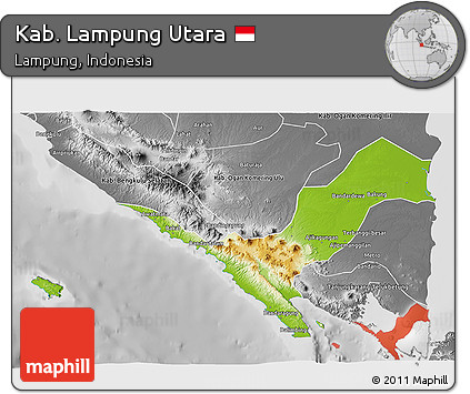 Physical 3D Map of Kab. Lampung Utara, desaturated