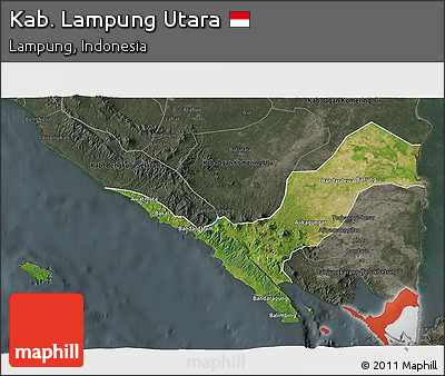Satellite 3D Map of Kab. Lampung Utara, darken, semi-desaturated