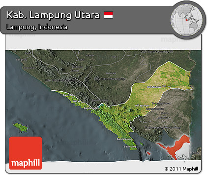 Satellite 3D Map of Kab. Lampung Utara, darken, semi-desaturated