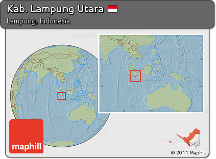 Savanna Style Location Map of Kab. Lampung Utara, highlighted parent region, within the entire country, hill shading