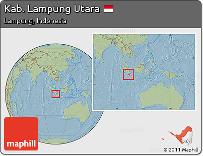 Savanna Style Location Map of Kab. Lampung Utara, highlighted parent region, within the entire country, hill shading