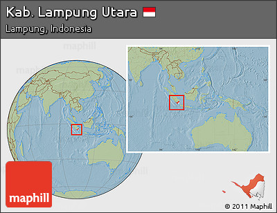 Savanna Style Location Map of Kab. Lampung Utara, highlighted parent region, within the entire country, hill shading