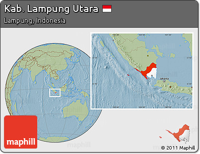 Savanna Style Location Map of Kab. Lampung Utara, highlighted parent region, hill shading