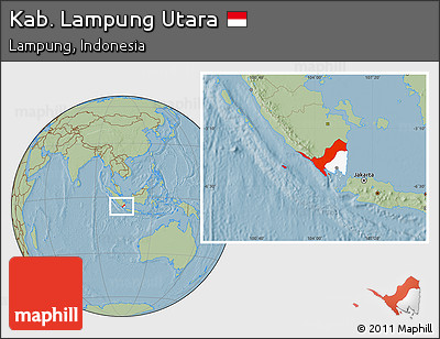 Savanna Style Location Map of Kab. Lampung Utara, highlighted parent region, hill shading