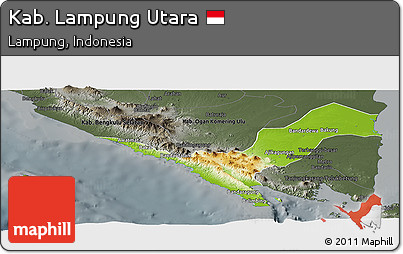Physical Panoramic Map of Kab. Lampung Utara, darken, semi-desaturated