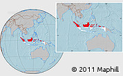 Flag Location Map of Indonesia, gray outside, hill shading outside