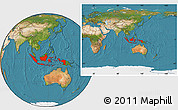 Satellite Location Map of Indonesia, within the entire continent