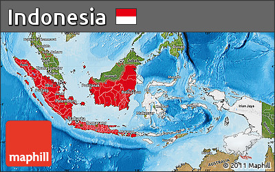 Flag Map of Indonesia, satellite outside, bathymetry sea, flag rotated