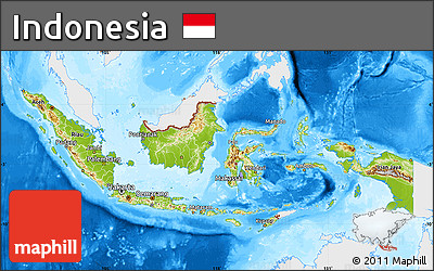 Physical Map of Indonesia, single color outside, bathymetry sea