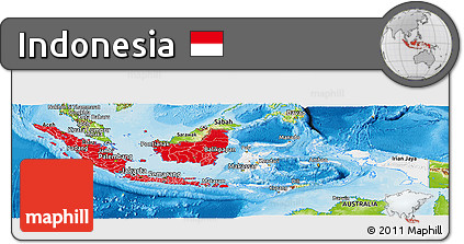 Flag Panoramic Map of Indonesia, physical outside, bathymetry sea, flag rotated