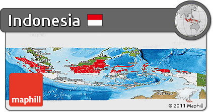 Flag Panoramic Map of Indonesia, satellite outside, bathymetry sea, flag centered