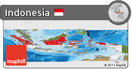 Flag Panoramic Map of Indonesia, satellite outside, bathymetry sea