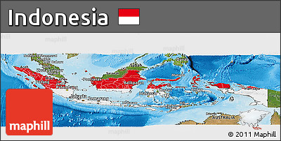 Flag Panoramic Map of Indonesia, satellite outside, bathymetry sea