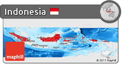 Flag Panoramic Map of Indonesia, single color outside, bathymetry sea, flag centered
