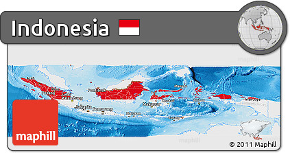 Flag Panoramic Map of Indonesia, single color outside, bathymetry sea, shaded relief sea, flag centered