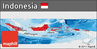 Flag Panoramic Map of Indonesia, single color outside, bathymetry sea, shaded relief sea