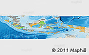 Political Panoramic Map of Indonesia, shaded relief outside, bathymetry sea