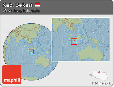 Savanna Style Location Map of Kab. Bekasi, highlighted parent region, within the entire country, hill shading