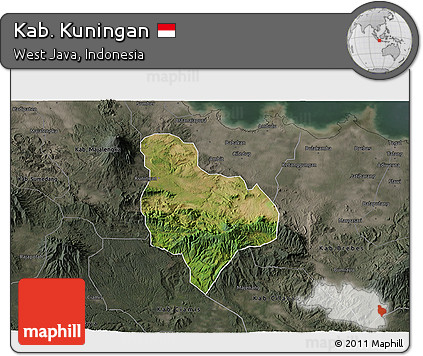 Satellite 3D Map of Kab. Kuningan, darken, semi-desaturated
