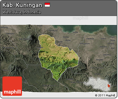 Satellite 3D Map of Kab. Kuningan, darken, semi-desaturated