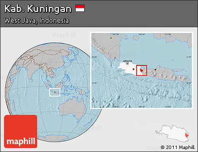 Gray Location Map of Kab. Kuningan, highlighted parent region, hill shading