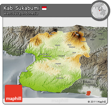 Physical 3D Map of Kab. Sukabumi, darken, semi-desaturated