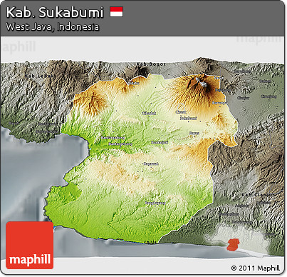 Physical 3D Map of Kab. Sukabumi, darken, semi-desaturated
