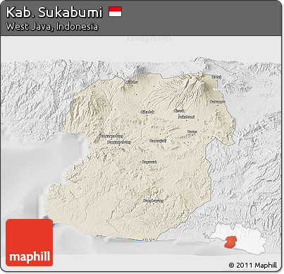 Shaded Relief 3D Map of Kab. Sukabumi, lighten, desaturated
