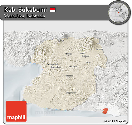Shaded Relief 3D Map of Kab. Sukabumi, lighten, semi-desaturated