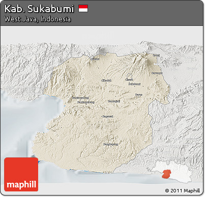 Shaded Relief 3D Map of Kab. Sukabumi, lighten, semi-desaturated