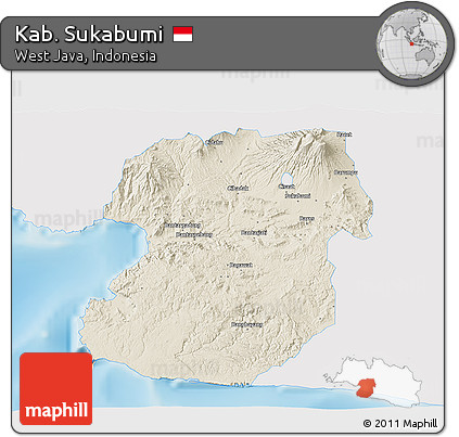 Shaded Relief 3D Map of Kab. Sukabumi, single color outside