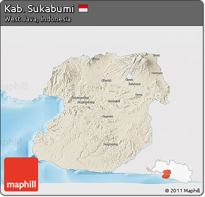 Shaded Relief 3D Map of Kab. Sukabumi, single color outside