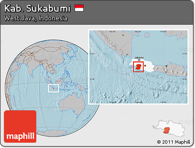 Gray Location Map of Kab. Sukabumi, highlighted parent region, hill shading