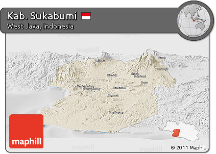 Shaded Relief Panoramic Map of Kab. Sukabumi, lighten, desaturated