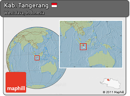 Savanna Style Location Map of Kab. Tangerang, highlighted parent region, within the entire country, hill shading